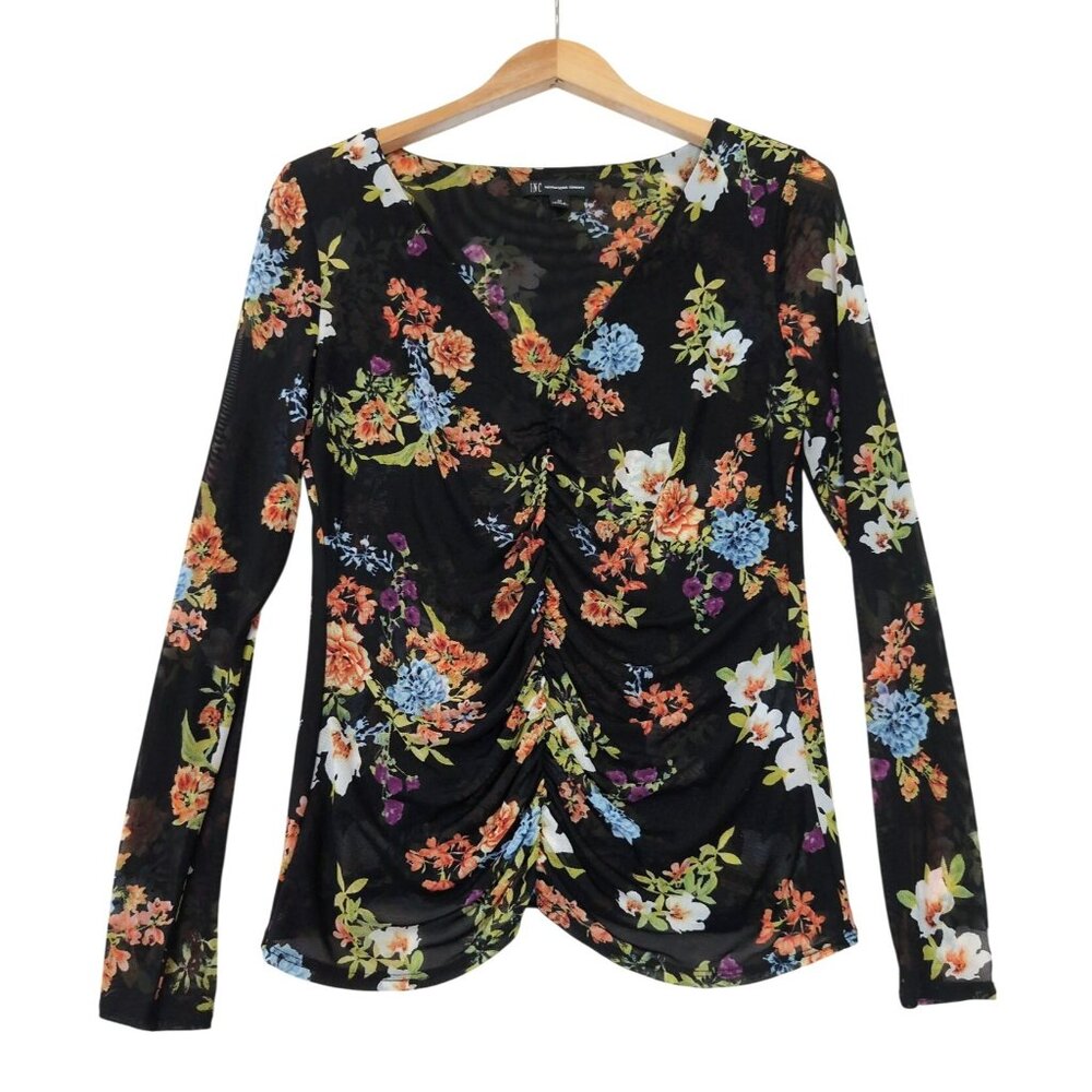 INC Mesh‎ Top Womens M Black Floral Semi Sheer Whimsigoth Dark Fairy Cottagecore